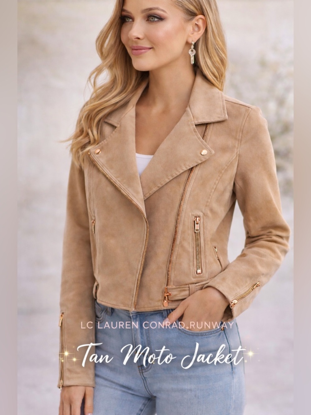 LC Lauren Conrad Runway Tan Faux Suede Moto Jacket Size 8
